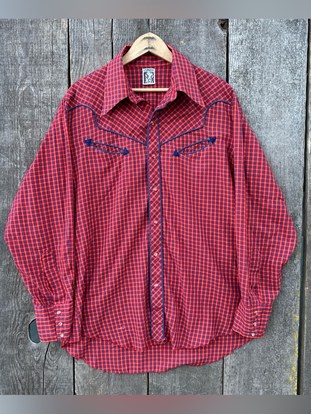 VTG 70s-80s Karman Red Plaid Blue Piping Western Pearl Snap Cowboy Shirt L-XL